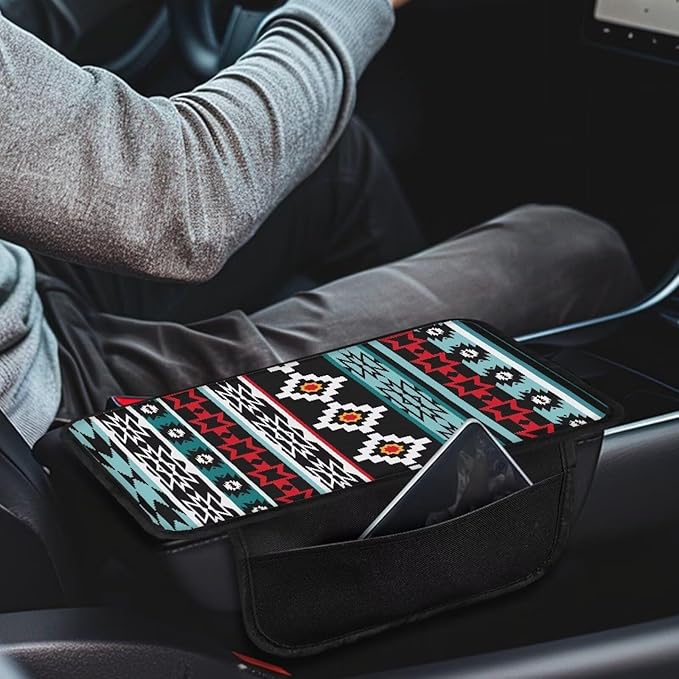 BIGCARJOB Southwest Tribal Armrest Cover for Car Center Console Auto Interior Accessories Aztec Tribal Style Center Console Armrest Pads Car Armrest Seat Box Cover Cushion,Universal Fit