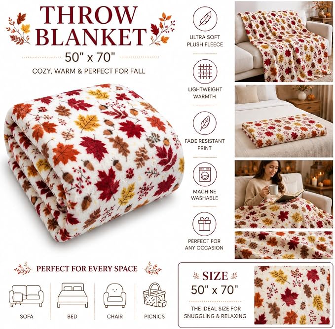 Fall Decor Throw Blanket: Soft Warm Autumn Leaves and Berries in Red Yellow Brown Beige Colors for Living Room Couch Bed Chair Dorm, Oversized 50" x 70" inches