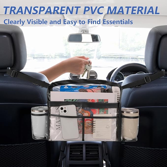 Car Purse Holder, Clear PVC Handbag Holder Between Seats Visible Seats Back Storage Organizer Transparent Car Headrest Hanging Storage Bag Automotive Console Organizer for Road Trip