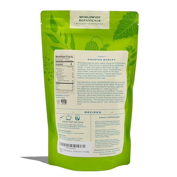 Worldwide Botanicals Organic Barley, Dark Roast – 1 lb –Italy’s Orzo, their Favorite Caffeine-Free Coffee Alternative – Brew Like Coffee – Acid Free, Kosher, Ground, 16 ounces