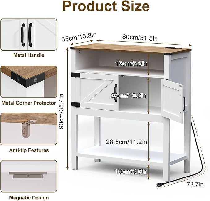 Console Table with Outlets, Farmhouse Coffee Bar Cabinet, 31.5 l x 13.8 D x 35.5 H, Entryway Table with Storage Cabinets for Living Room, Couch, Hallway, Foyer, Kitchen (White)