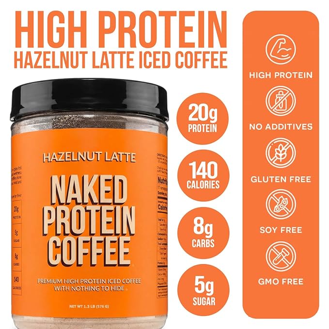 NAKED Hazelnut Latte Protein Coffee - Premium Colombian Iced Coffee Protein Shake Drink, Delicious Keto Friendly and Gluten Free, 17 Servings