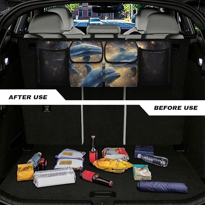 Car Storage Organizer New Version, Hanging Trunk Organizer with 4 Functional Storage Bags, Car Trunk Storage Bag for SUV Truck MPV VAN,Dolphin