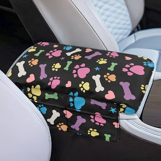 Dreaweet Colorful Dog Paw Center Console Cover for Car Thick Arm Rest Cover Pad Cute Car Armrest Cushion with Pockets Scratch Proof Universal Fit for SUV Sedan Truck