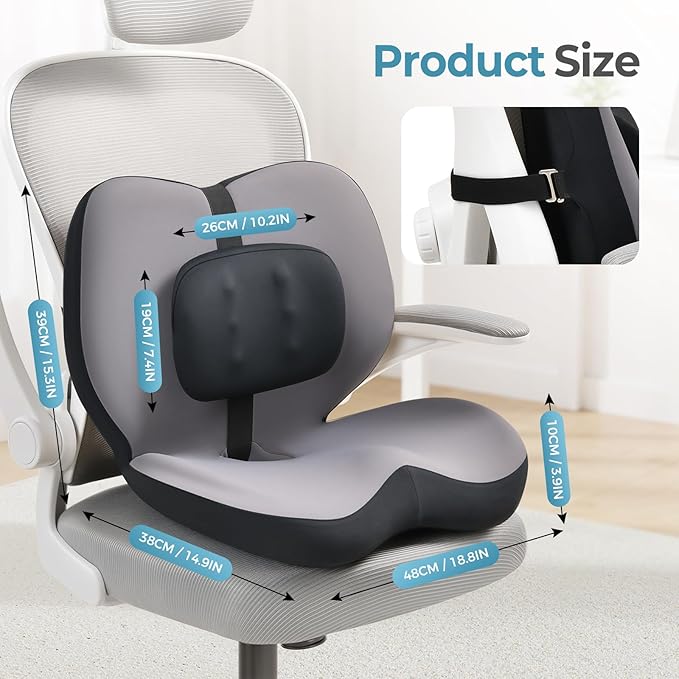 FLORICH 2 in1 Truck Seat Cushion and Lumbar Support Pillow Memory Foam Car Seat Cushion with Adjustable Strap for Truck Driver Long Drives, Fits Semi Truck Seat,Car,Office&Gaming Chair(Black)