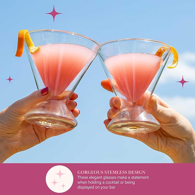 Paris Hilton 2-Piece Martini Glass Set, Double Wall Glass Design, Great for Martinis, Cocktails, Cosmopolitans, Margaritas, 7-Ounce, Clear