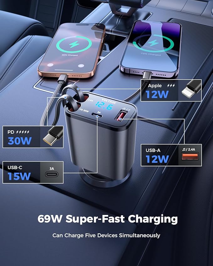 SUPERONE 69W Retractable Car Charger with Dual Cables, Compact Bluetooth 5.3 Car Adapter, FM Transmitter Radio Receiver for Hands-Free Calls & MP3 Music, USB C Fast Charging for iPhone Android