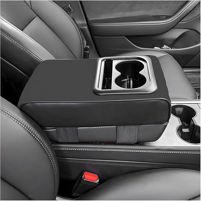 Car Center Console Armrest Pillow, 14.0"×8.3" Soft Memory Foam Armrest Cushion with Cup Holder Storage Bag, Waterproof Leather Vehicle Arm Rest Booster Pad for Most Cars (Glossy)