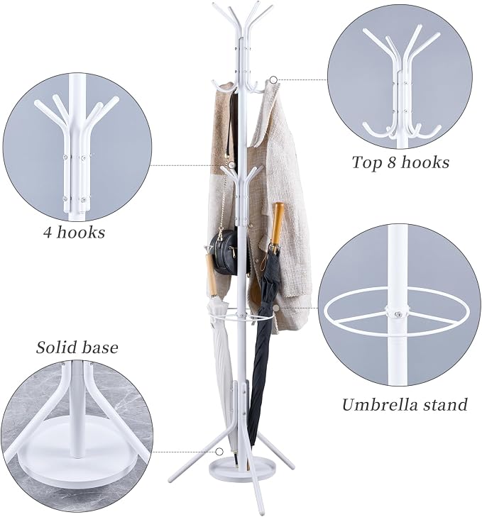 Kitsanery Coat Rack Freestanding,Metal Coat Tree with Umbrella Holder,Hat and Coat Rack Stand for Entryway, Hallway, Living Room, Bedroom (White)
