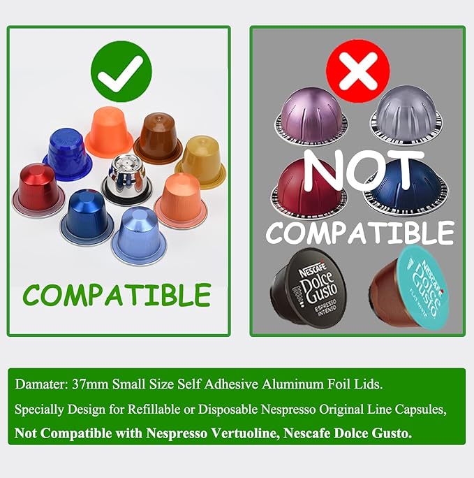 200Pcs Aluminum Foil Lids Seals for Reusable Nespresso Pods,Refillable Espresso Capsules Stainless Steel Coffee Pods Stickers Covers Seals Compatible for Nespresso Original Line Machines (200 Lids)