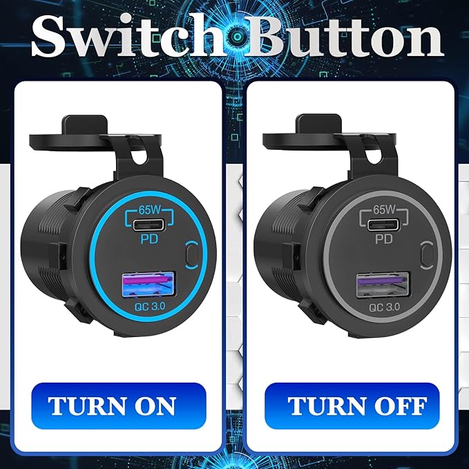83W 12V USB Outlet, 18W QC 3.0 USB A & 65W PD USB C Car Charger Socket with ON Off Switch for Car Golf Cart Boat Marine Bus Truck RV Marine Motorcycle