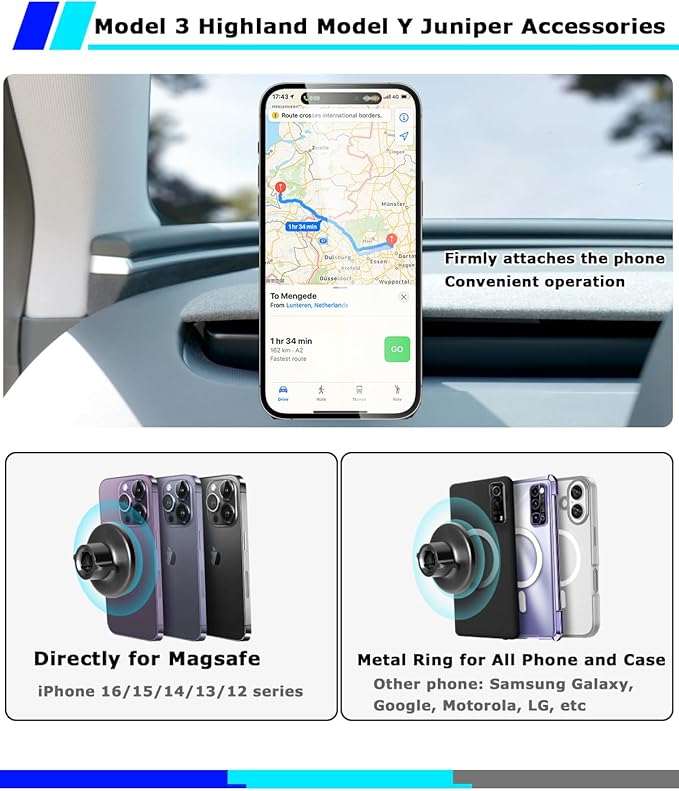 Phone Mount for Tesla Model 3 Highland Model Y Juniper 2026, Magnetic Phone Holder for Tesla Model 3 Model Y Accessories, Easy Installation for MagSafe, Compatible with iPhone 17 16 15 14 13 12