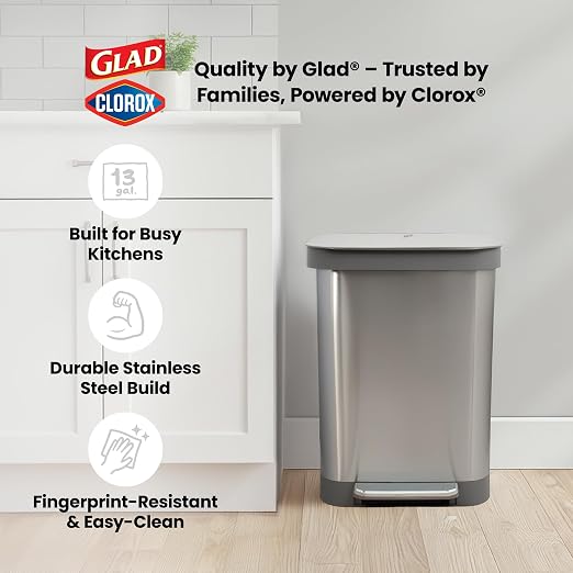 Glad 13 Gallon All Brushed Stainless Steel Trash Can with Clorox Odor Protection | Large Metal Kitchen Garbage Bin with Soft Close Lid, Garbage Bag Rings, Step On Foot Pedal and Waste Bag Roll Holder