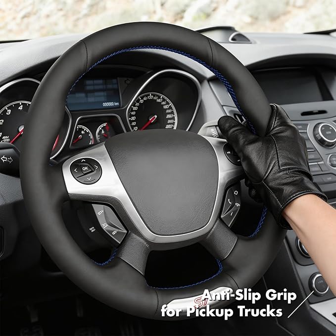 MEWANT Hand Stitch Steering Wheel Cover Fit for Ford Focus ST 2013 2014 Custom DIY Hand Sewn Black Microfiber Leather Steering Wheel Wrap Interior Accessories