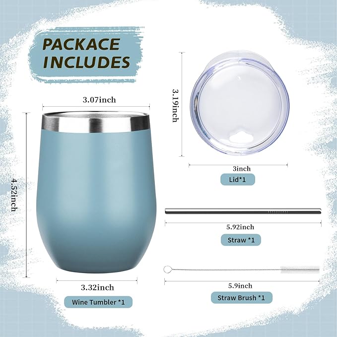 12oz Stemless Wine Tumbler with Lid Double Wall Insulated Wine Cup Stainless Steel Glasses Tumbler with Straw Insulated cocktail Tumbler Coffee Mug for Hot and Cold Beverages (Multicolor-3,4Pack)