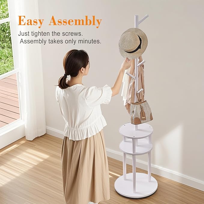 VECELO Coat Rack Freestanding, Entryway Hanger Stand, Umbrella Holder, Hall Tree With Hooks, Floor Standing Tree Stand,White