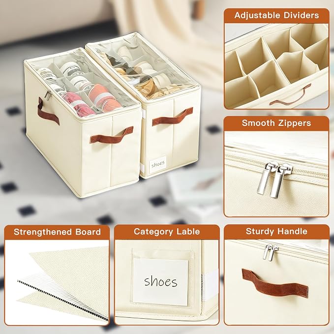 4 Pack Shoe Organizer for Closet, Space Saving, Beige | Fits 16-32 Pairs, Adjustable Dividers, Clear Cover, Reinforced Handles, Stackable & Foldable Shoe Storage Box