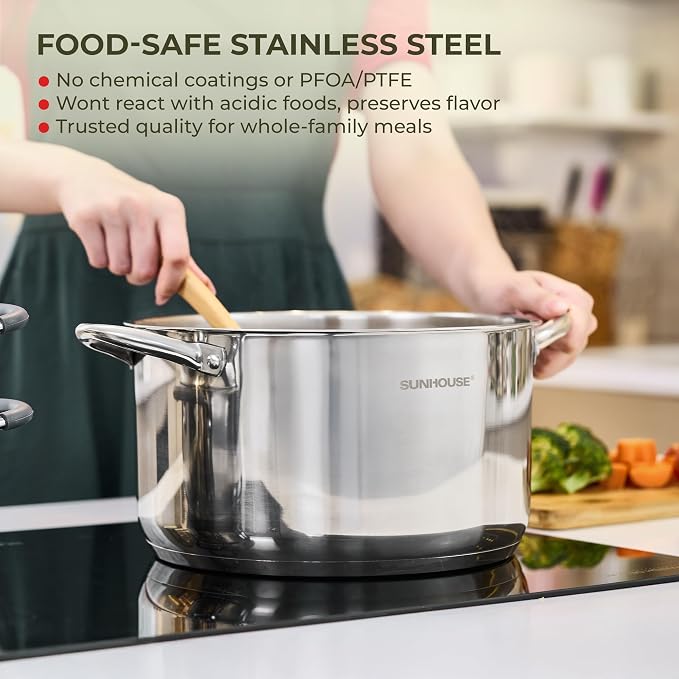 Sunhouse Stock Pot with Lid - 16 QT Large Pot for Cooking Pasta, Soup, Spaghetti - Impact Bonding Base Big Stainless Steel Pots for Canning, Boiling - Oven Safe & Induction Compatible Cookware