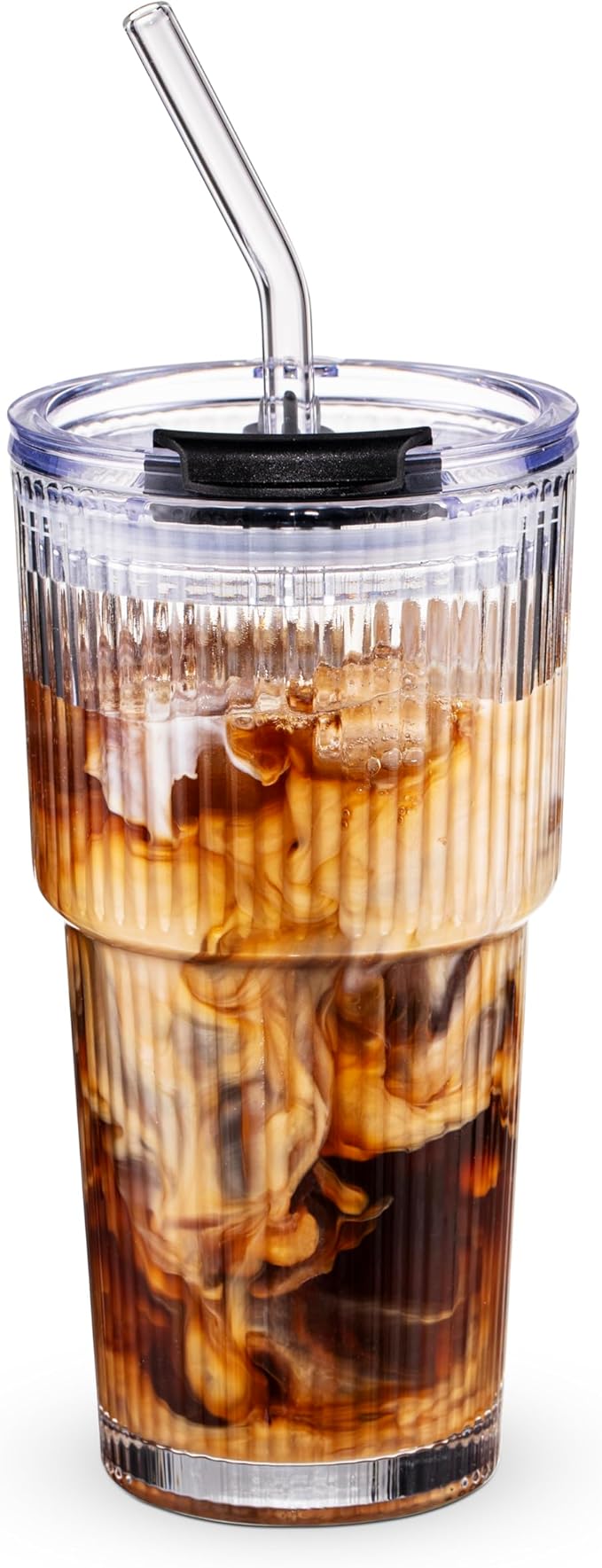 450ml/15oz Ribbed Glass Tumbler,Thickened Glass Cup with Leak-Proof Lid & Straw, BPA-Free, Suitable for Coffee, Matcha, Juice - Fits Car Cup Holder, Office & Travel Use (Clear)