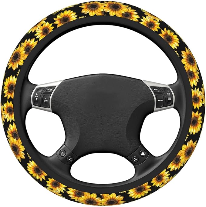 Sunflower Flowers Yellow Steering Wheel Cover For Women Men Girls, Car Accessories Decor Thickened Anti-Slip Auto Steering Wheel Covers Protector Universal Fit 15 Inch For Cars, Truck, Suv