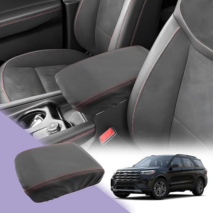 Explorer Center Console Cover Compatible with 2024 2025 Ford Explorer Accessories 2025 Explorer Armrest Cover Center Console Pad Explorer ST/ST-Line/Platinum Armrest Console Cover Soft Leather,Black