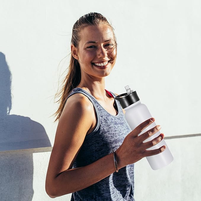 40 oz Insulated Water Bottle with Straw, Stainless Steel Sports Water Bottles with 2 Lids (Straw and Wide Mouth lid), Double Wall Vacuum, Leakproof, BPA-Free, White