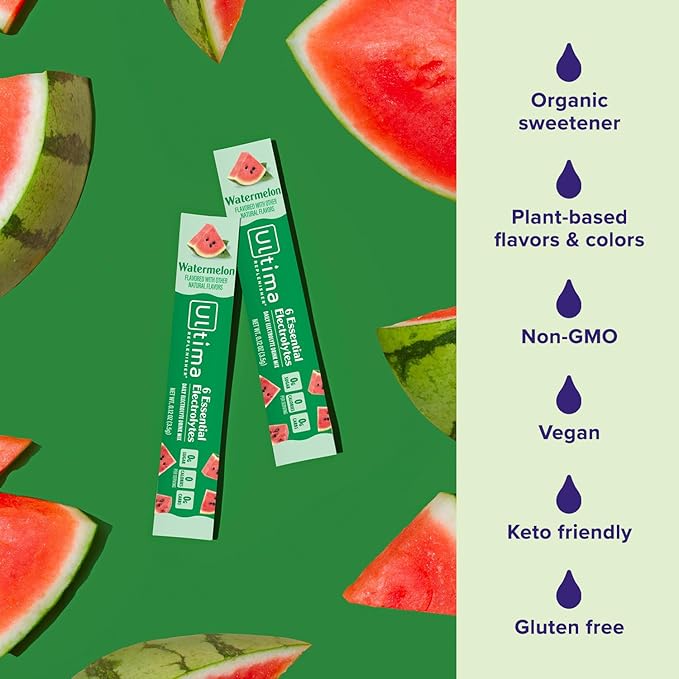 Ultima Replenisher Daily Electrolyte Powder – Watermelon, 20 Stickpacks – Zero Sugar Hydration Packets with 6 Electrolytes and Minerals – Sugar Free, Plant Based & Keto Friendly Drink Mix