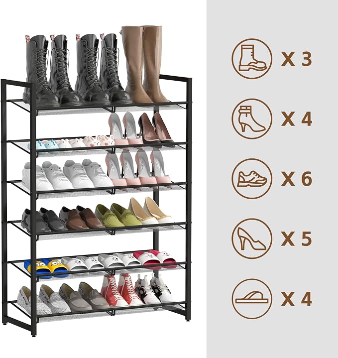 Shoe Rack, 6-Tier Metal Shoe Organizer, Tall Shoe Rack for Closet,entryway,Garage, with Adjustable Flat or Angled Shelves, Holds 18-24 Pairs,Shoes that can accommodate The Whole Family.