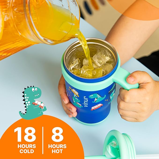 VINUR Kids Tumbler with Handle and Straw Lid |17 oz Stainless Steel Insulated Leak Proof Water Tumbler Mug for Kids Boys Girls 6+| Holder Friendly | Dinosaur