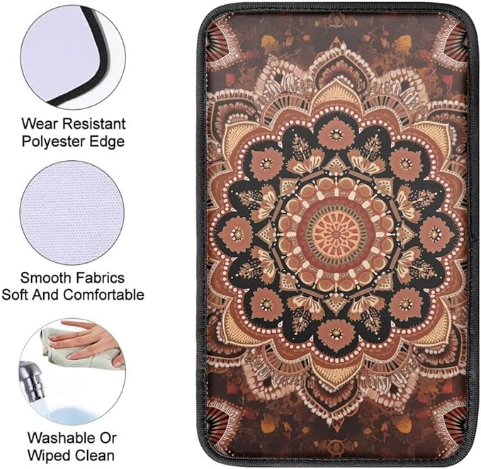 Boho Flower Print Center Console Cushion for Cars Decorative Automotive Armrest Seat Box Cover for Women Universal Fit Van SUV Truck Sedan, Brown