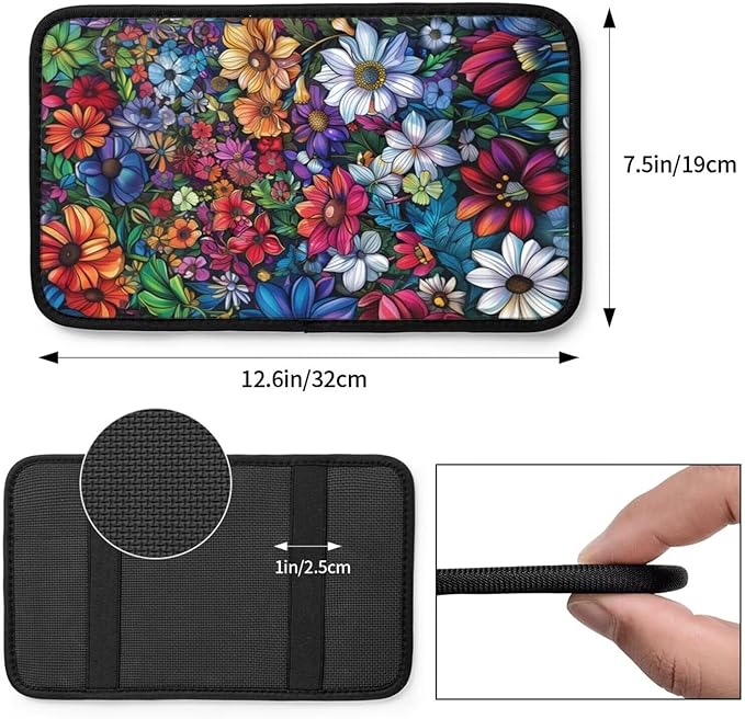 Car Center Console Pad Boho Flower Non-Slip Armrest Cover Floral Mandala Car Center Console Cushion Colorful Blossoms Flower Print Arm Rest Covers