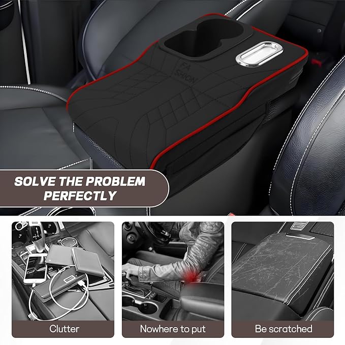 Car Center Console Armrest Pillow, 13.4"×7.5"×2" Leather Auto Arm Rest Cover with Pocket & Tissue Box & Cup Holder, Multifunctional Vehicle Armrest Cushion Pad, Car Accessories (Black+Red)