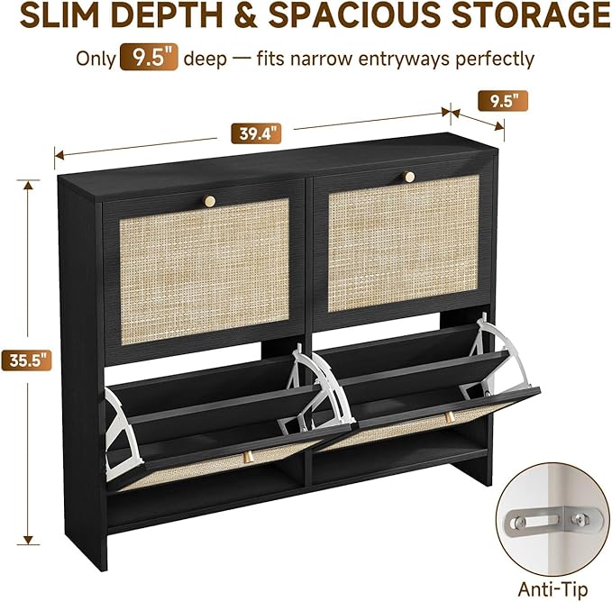 Nicetree Shoe Cabinet Storage for Entryway, 4-Flip Drawer Narrow Shoe Rack, Organic Modern Rattan Shoe Organizer with Gold Legs, Shoe Organizer Fits Men's Size 13.5, Black