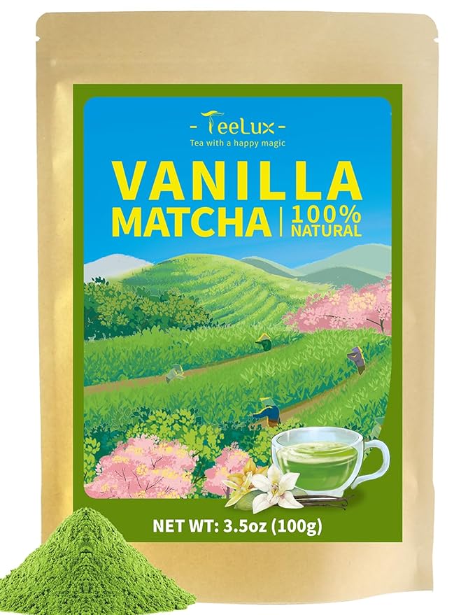 TeeLux Vanilla Matcha Green Tea Powder, First Harvest Premium Matcha + Delicate Vanilla Powder, Flavorful & Aromatic, Hot or Iced Tea, 3.5oz