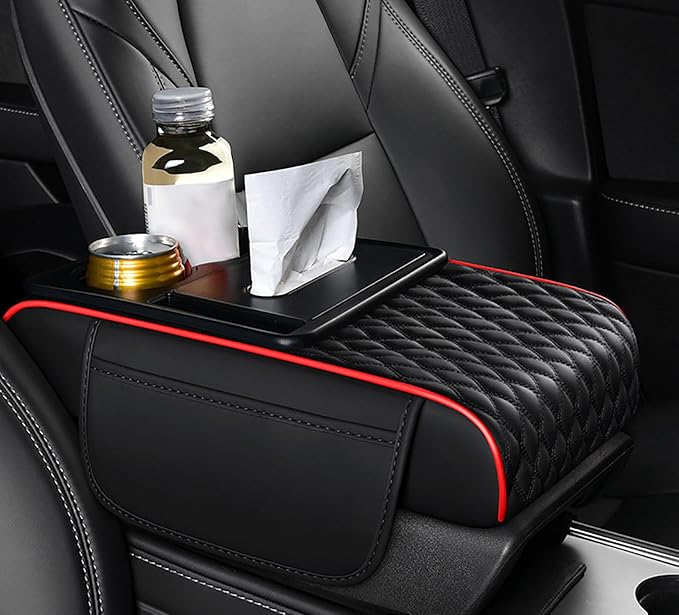 Car Armrest Center Console Cover for Jeep Compass 2. Generation 2021 2022 2023, Center Console Pad with Cup Holder, Multifunctional Armrest Cushion,A Black+Red