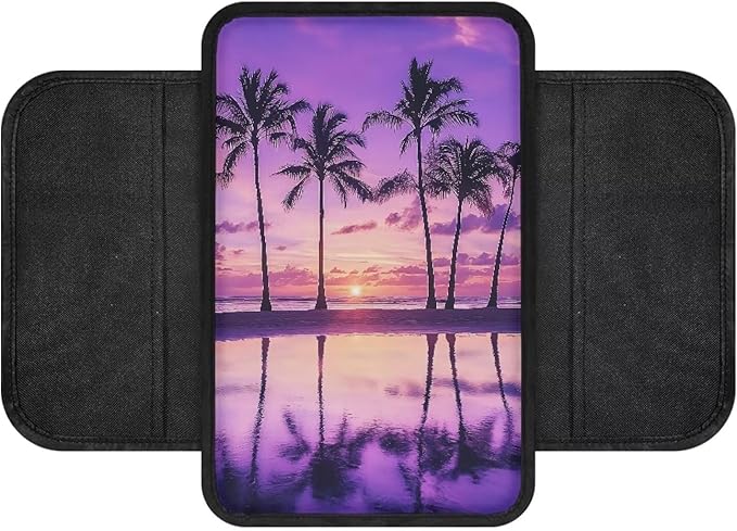 Dreaweet Purple Beach Palm Tree Center Console Cover with Pockets,Hawaiian Style Car Armrest Cover for Women Soft Car Arm Rest Cover Pad,Universal Center Covers for Car SUV Trucks