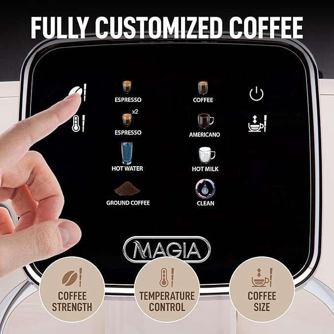 Zulay Kitchen Magia Clasica Automatic Espresso Machine with Built-In Grinder, Touch Panel Coffee Maker, Steam Wand Milk Frother, Adjustable Strength, Self-Cleaning, Cream & Silver