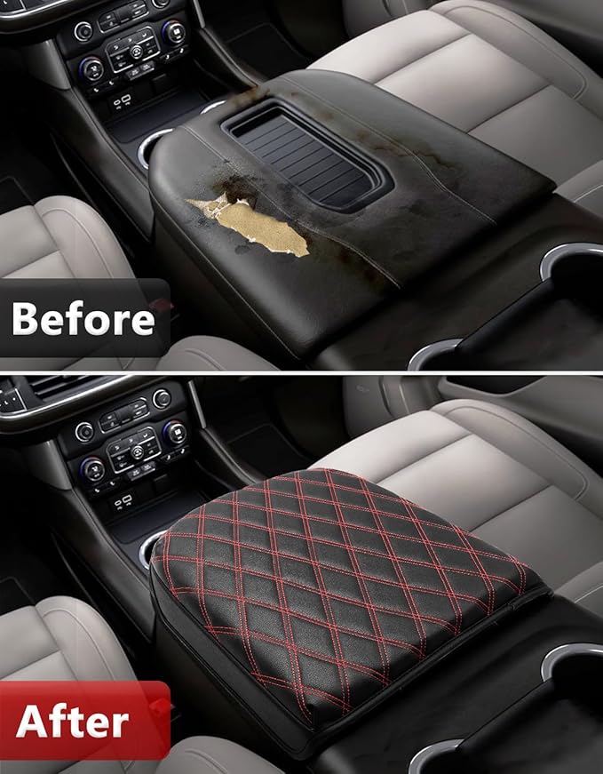 KBH Center Console Armrest Cover for Chevy Silverado & GMC Sierra 2019-2026, Tahoe & Suburban & Yukon 2021-2026 Bucket Seat, Vinyl Leather Trim, Black-Red Double Stitch