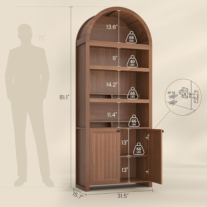 81" Tall Arched Cabinets,Bookcase with storage,Mid-Century Modern 6-Tier Bookshelf with Door,2 Book Risers and Adjustable Shelves offering more storage space for Living Room,Kitchen,Home Office,Brown