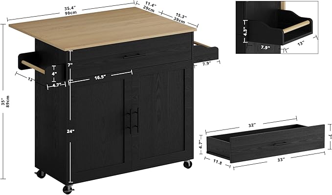 IRONCK Rolling Kitchen Island Table on Wheels with Drop Leaf, Storage Cabinet, Drawer, Spice/Towel Rack, Kitchen Cart, 47.25" Wide Black