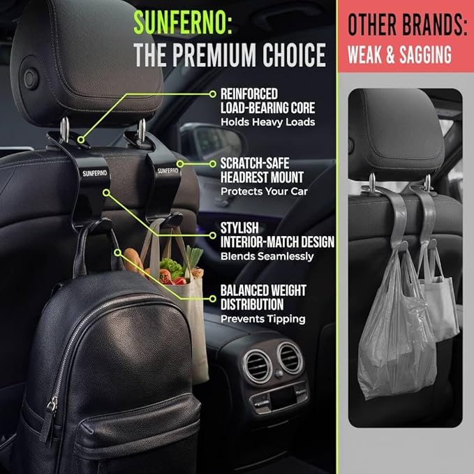 Car Hooks – Durable Headrest Hooks for Car | Car Purse Hook Holds Bags, Groceries & Essentials | Purse Hooks for Car That Don't Slip | Must-Have Car Hanging Accessories – 4-Pack, Easy Install