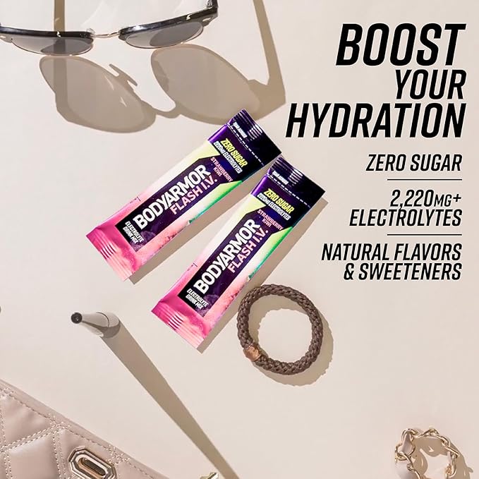 BODYARMOR Flash IV Electrolyte Packets,Strawberry Kiwi - Zero Sugar Drink Mix,Single Serve Packs,Coconut Water Powder,(Pack of 30)