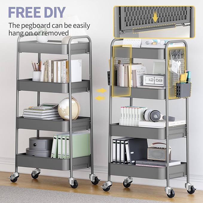 TOOLF 4 Tier Rolling Cart with Pegboard, Metal Storage Organizer Cart with Wheels, Hooks & Bins Esthetician Craft Art Sturdy Storage for Bathroom, Kitchen, Office, Nursery Diaper