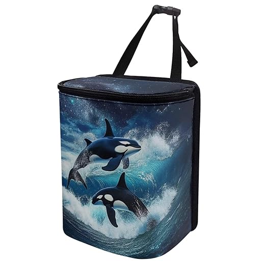 DISNIMO Ocean Killer Whale Hanging Car Trash Can Black Car Garbage Storage Bag with Lid Auto Rubbish Bin Leak-Proof Cars Trash Can Portable Organizer for Men Women Keeps Clean