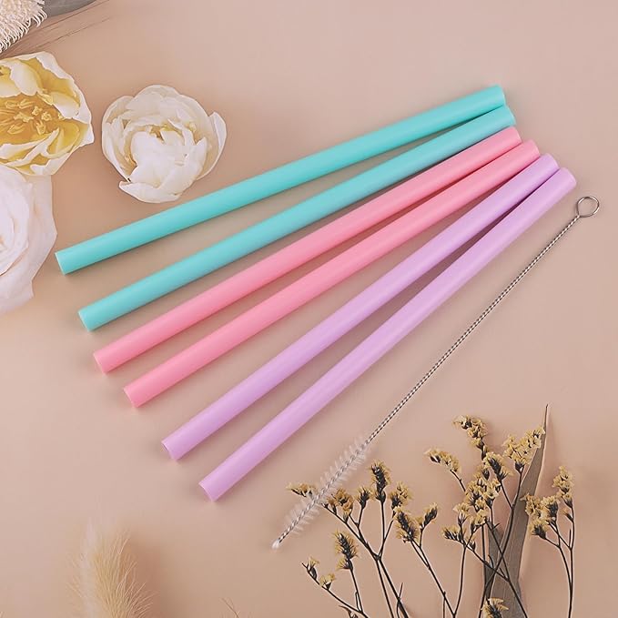 Joshey 6PCS Replacement Straws for Owala FreeSip 24oz & 32oz Water Bottles - Reusable Plastic Straws with 1 Cleaning Brush, Travel Tumbler Accessories Parts - 3 Colors (Pink, Green, Purple)
