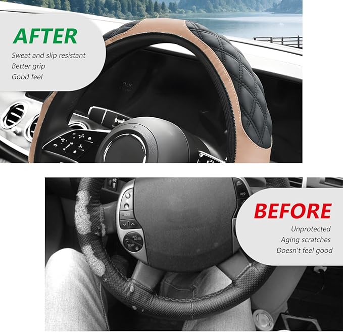 Car Steering Wheel Cover, 15 Inches Leather Steering Wheel Protector with Non-Slip Grip, Universal Wheel Covers Interior Decoration for Sedens Trucks SUVs, Car Accessories (Beige)
