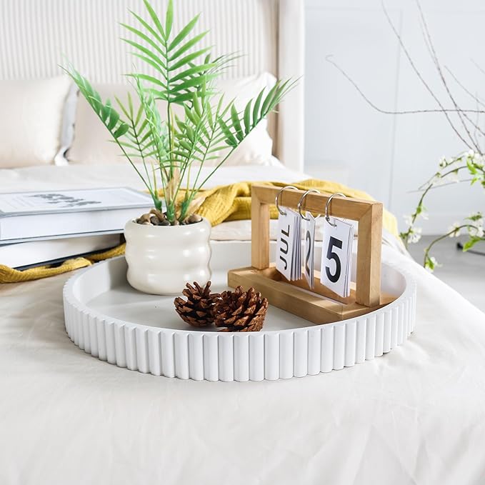 Round Decorative Tray for Coffee Table Decor, 11.8in White Decorative Serving Tray for Kitchen Counter,bandejas decorativas, Wooden Serving Tray for Party