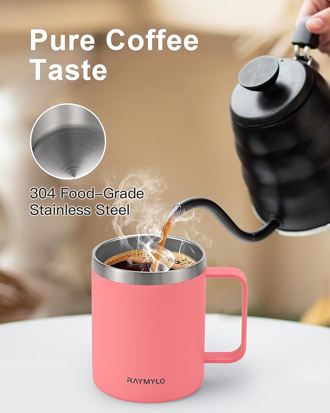 Insulated Coffee Mug 12 oz, Double Wall Stainless Steel Coffee Mug with Lids, Leak-Proof & Detachable Slider Lid for Thorough Clean, Keeps Coffee Cold for 9 Hrs, Suitable for Camp Home Office