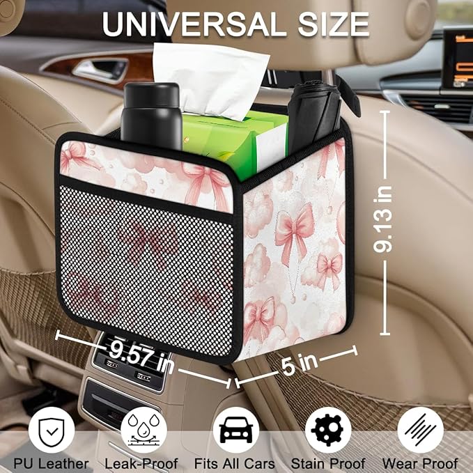 Pink Bows Clouds Car Backseat Organizer PU Leather Automotive Back Seat Storage Bag Universal Hanging Garbage Box Travel Accessories Foldable