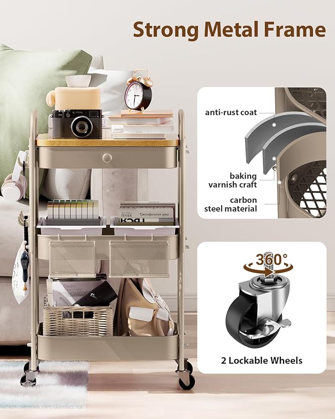 ALVOROG Rolling Cart with Drawer and Wood Table Top, 3 Tier Metal Rolling Utility Cart on Wheels with DIY Pegboards, Hanging Baskets, Hooks for Kitchen, Bedroom, Office, Craft Supplies